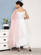 InWeave Women's Cream Strappy With Pink White Chintz Organza Dupatta