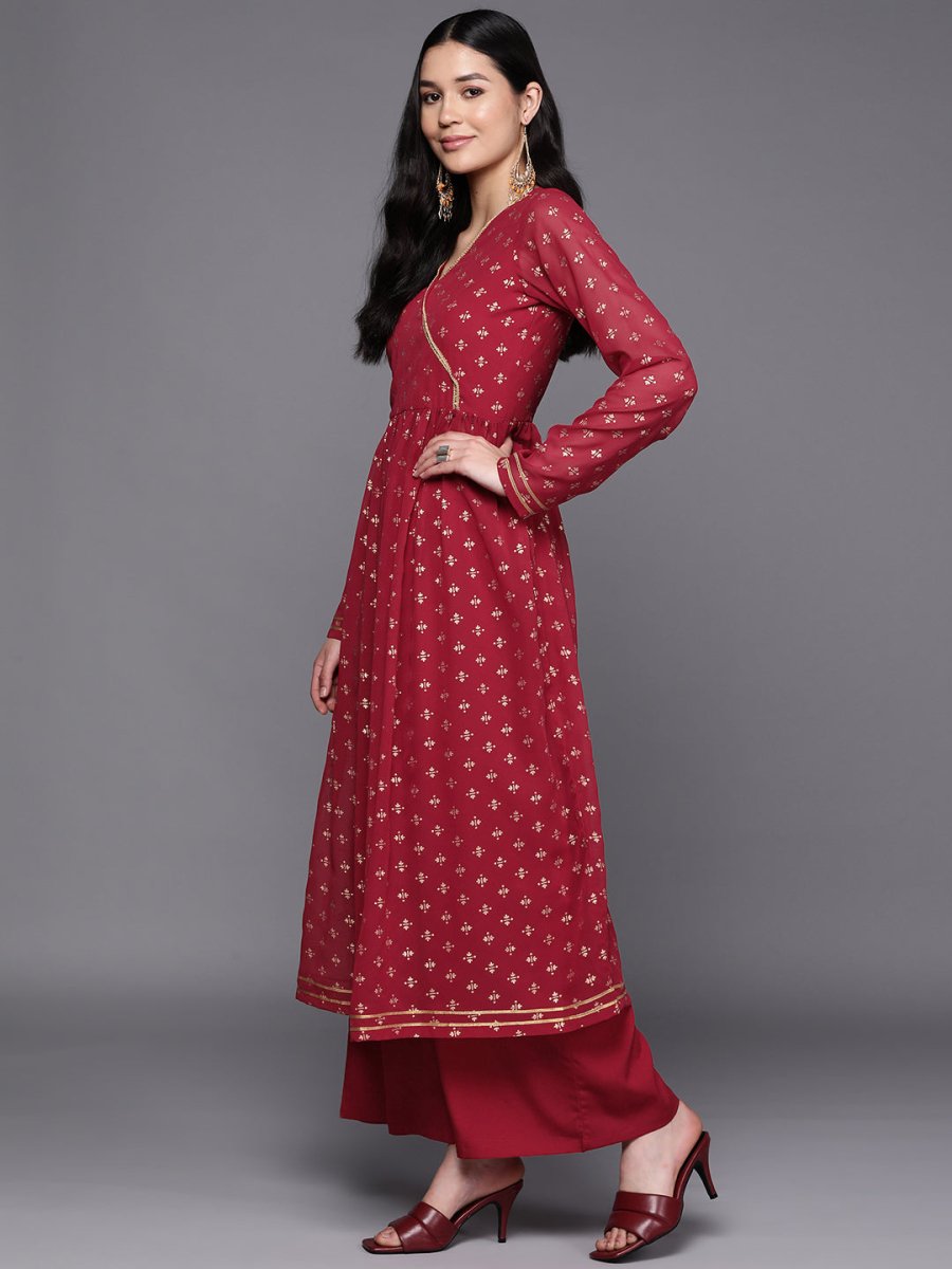 Ahalyaa Women Maroon Floral Empire Kurta with Palazzos