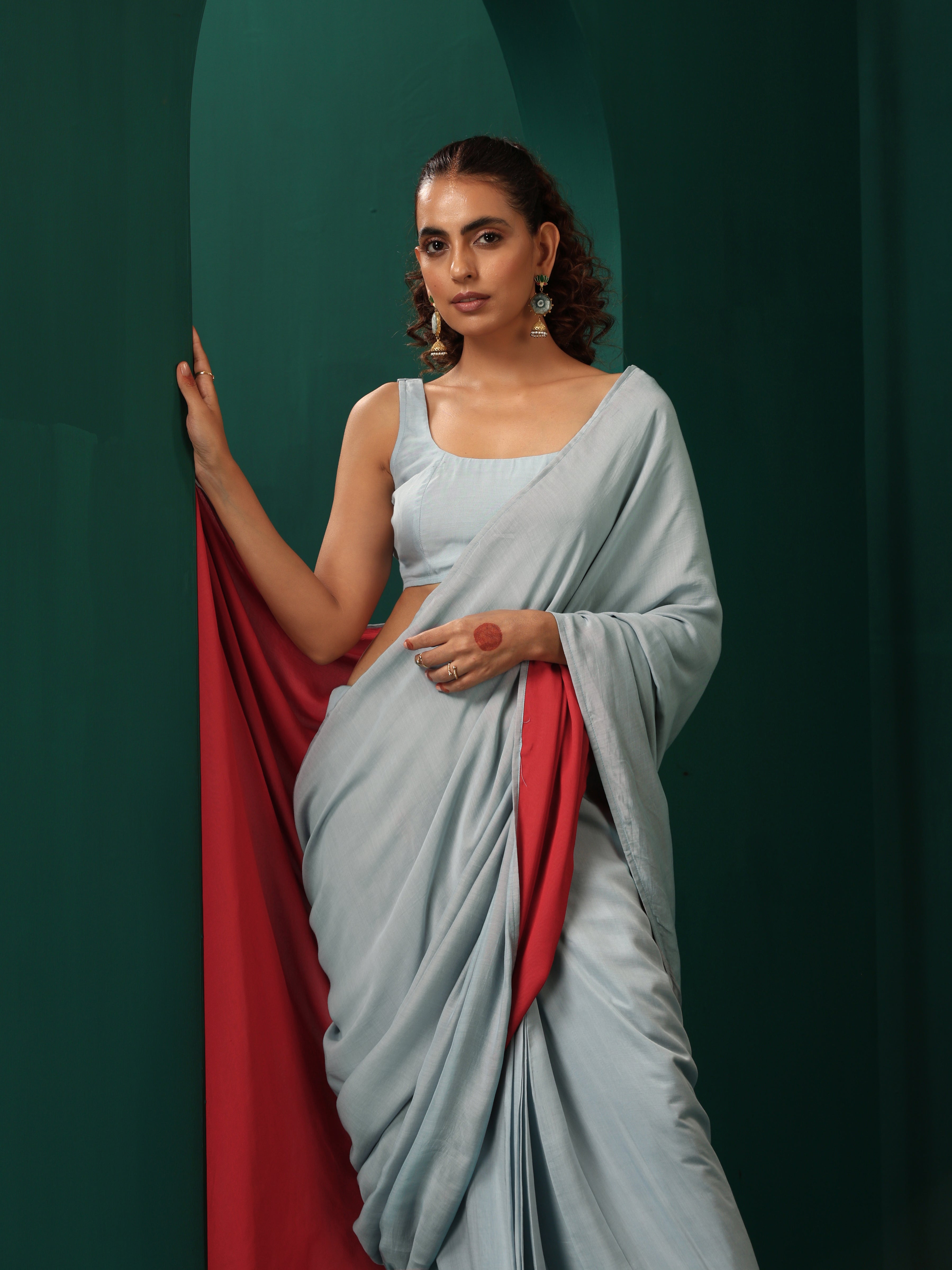 trueBrowns Powder Blue Muslin Silk Ready to Wear Saree
