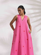 trueBrowns Pink Cotton Embroidered Flared Dress - Distacart