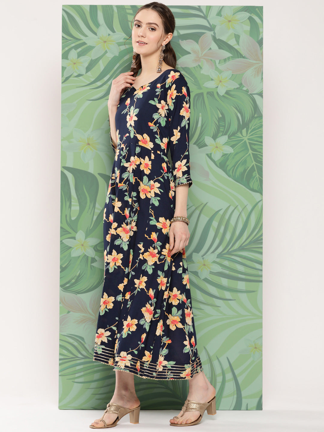 InWeave Women's Black Tropical Print Gota Long Dress - Distacart
