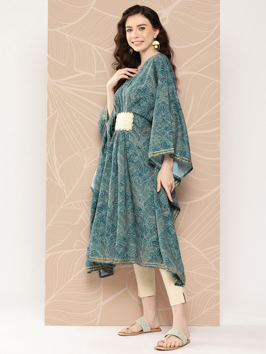 Ahalyaa Women Floral Printed Flared Sleeves Patchwork Belted Detail Crepe Kaftan Kurta - Distacart