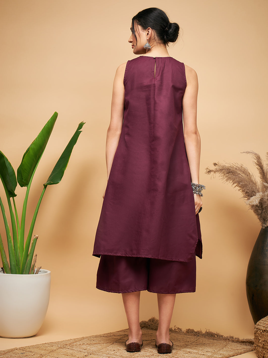 InWeave Women's Wine Solid Short Kurta Palazzo Set