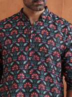 trueBrowns Men's Black Floral Printed Kurta