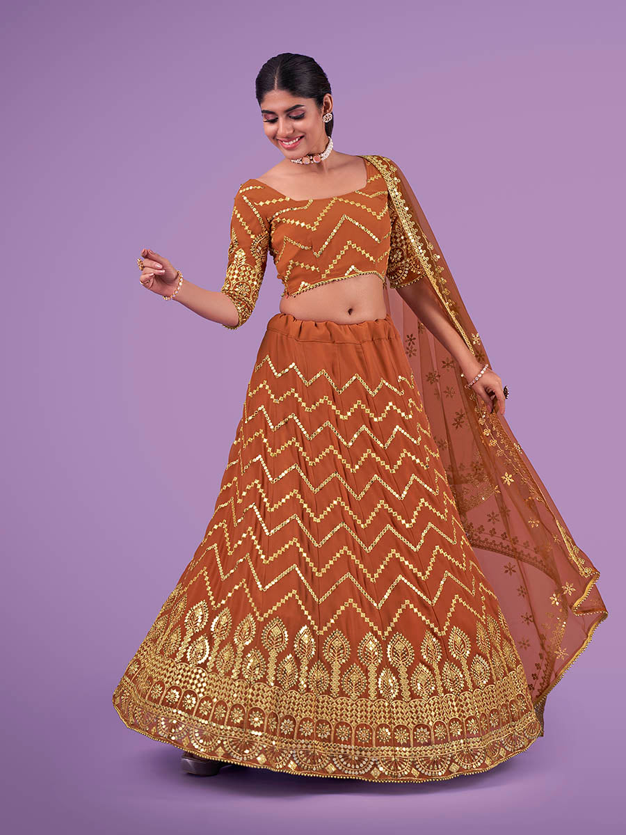 Myra Orange Georgette Embroidered Designer Lehenga