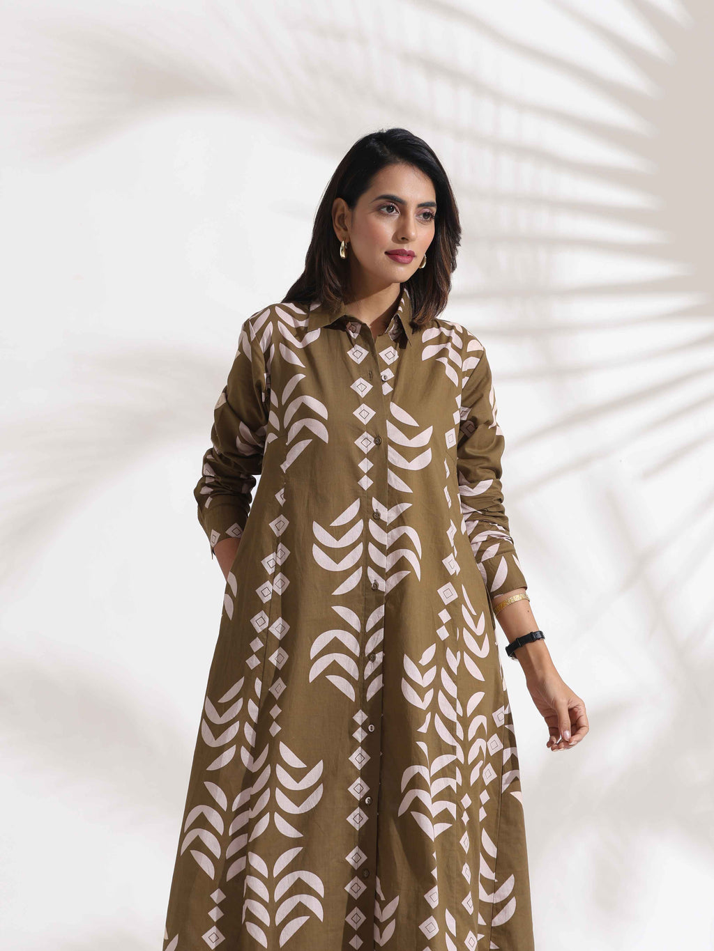 trueBrowns Olive Green Cotton Print Shirt Dress - Distacart