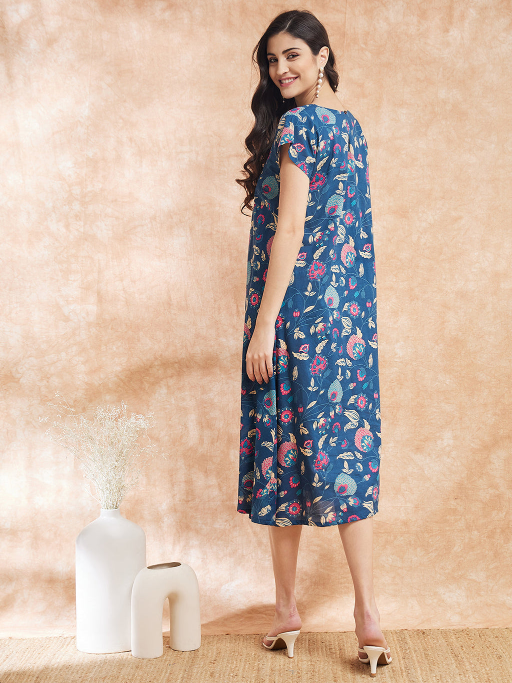 InWeave Women's Blue Pink Kalamkari A Line Dress - Distacart