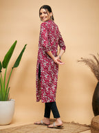 InWeave Women's Wine Floral Print Straight Angrakha Gota Kurta