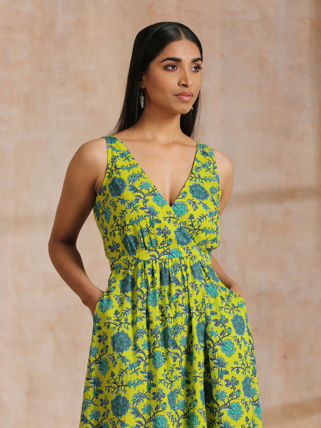 trueBrowns Lime Green Overall Teal Floral Block Print Cotton Sleeveless Wrap Dress - Distacart