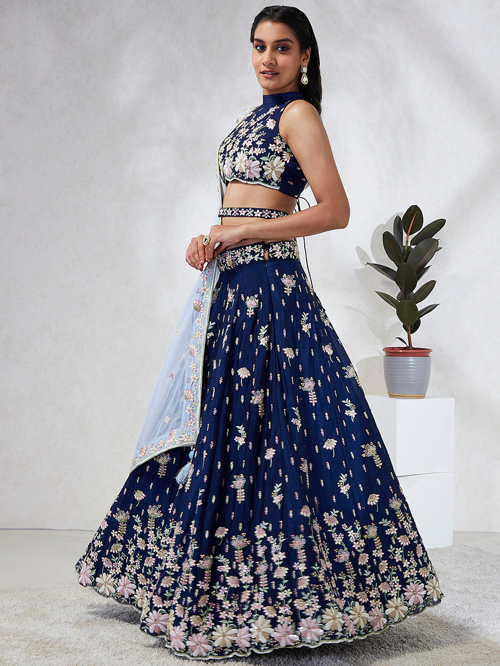 House of Panchhi Navy Blue Pure Georgette Sequins And Thread Embroidery Lehenga Choli & Dupatta