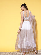 Ahalyaa White & Gold-Toned Printed Ready to Wear Lehenga & Blouse With Dupatta