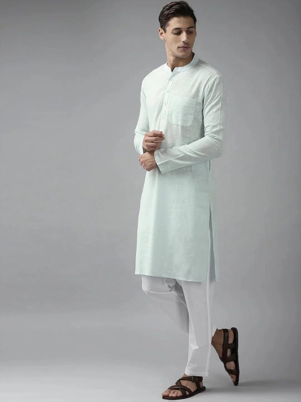 Fabmade Men Sky Blue Cotton Linen Straight Kurta