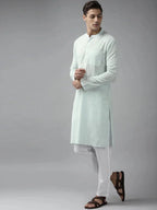 Fabmade Men Sky Blue Cotton Linen Straight Kurta