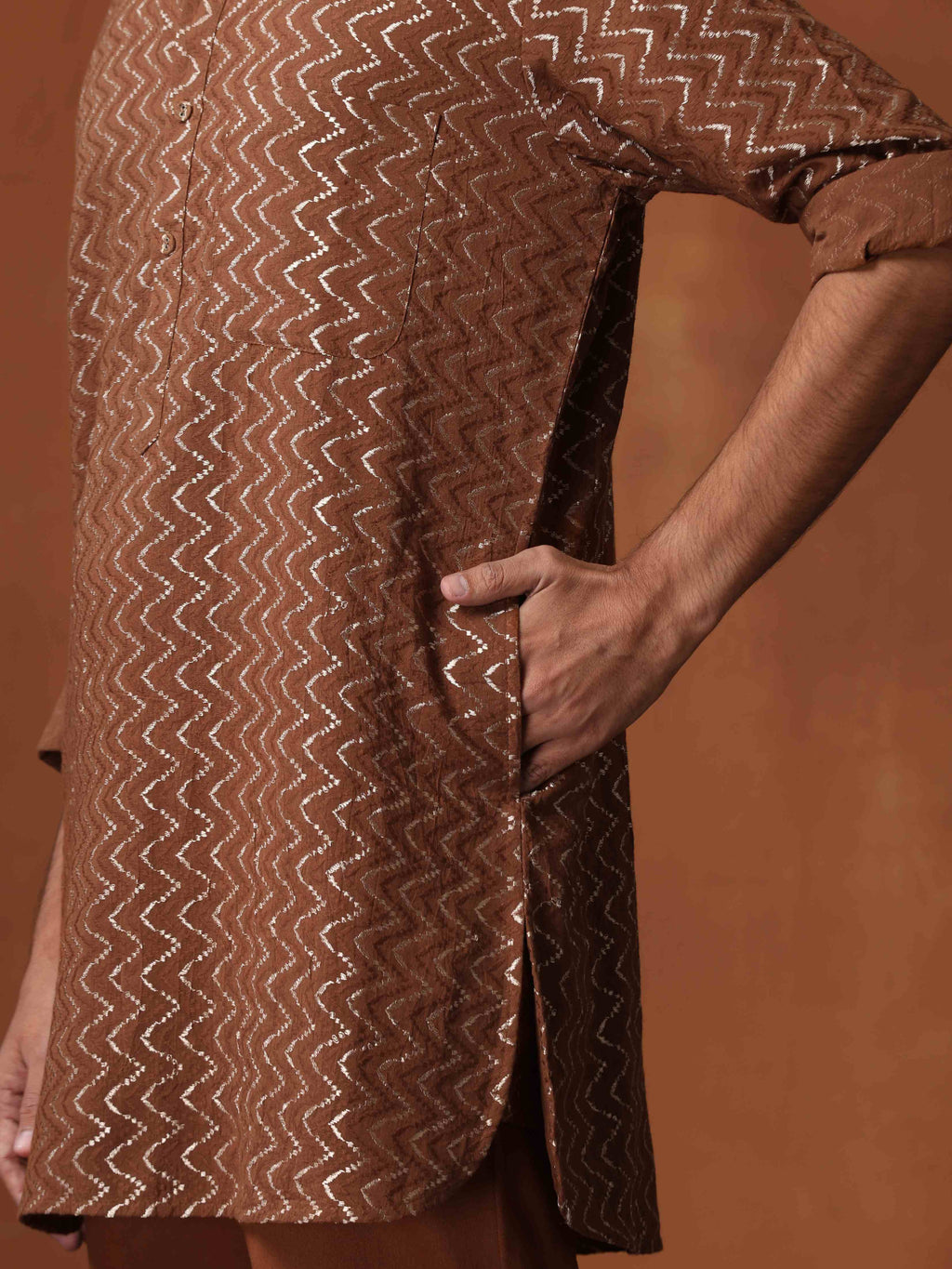 trueBrowns Men's Brown Cotton Dobby Short Kurta