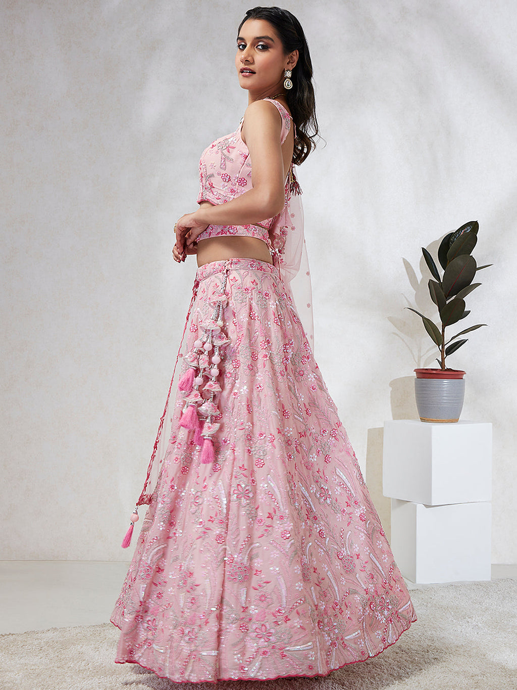House of Panchhi Pink Georgette Sequins And Thread Embroidery Lehenga Choli & Dupatta
