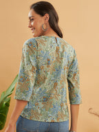 InWeave Women's Dull Green Leaf Floral Print Top