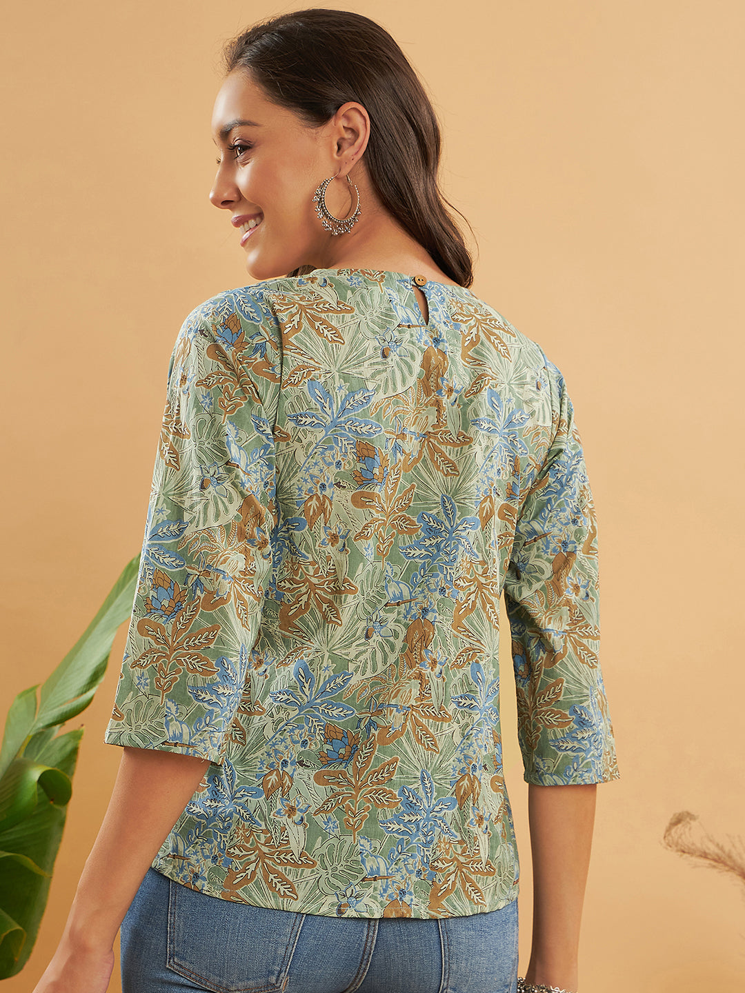 InWeave Women's Dull Green Leaf Floral Print Top