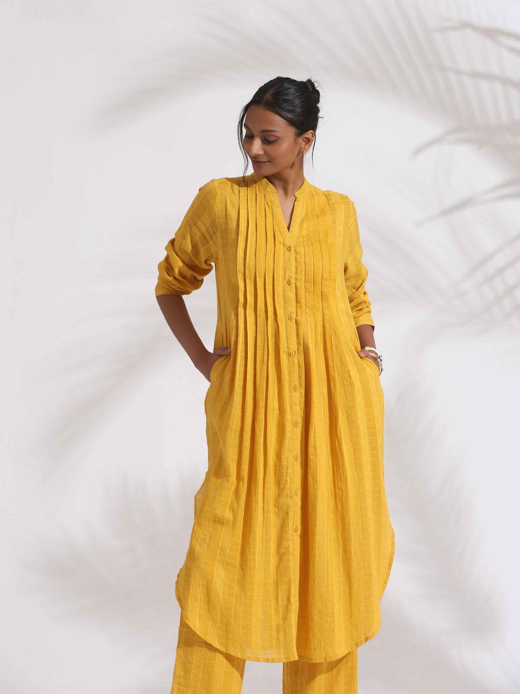 trueBrowns Yellow Cotton Pleated Shirt Kurta Set - Distacart