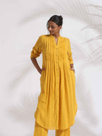 trueBrowns Yellow Cotton Pleated Shirt Kurta Set - Distacart