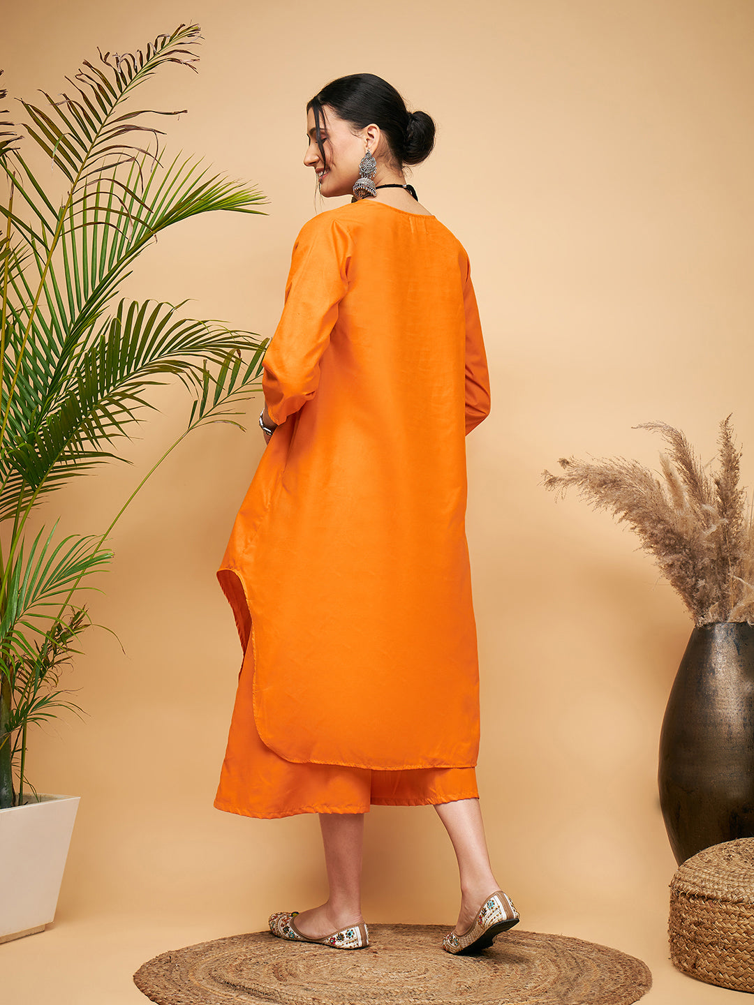 InWeave Women's Orange Flared Kurta Palazzo Set