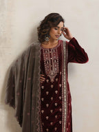 trueBrowns Maroon Velvet Embroidered Kurta Pant Dupatta Set - Distacart