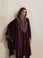 trueBrowns Purple Velvet Geometric Embroidered Kurta Pant Dupatta Set - Distacart