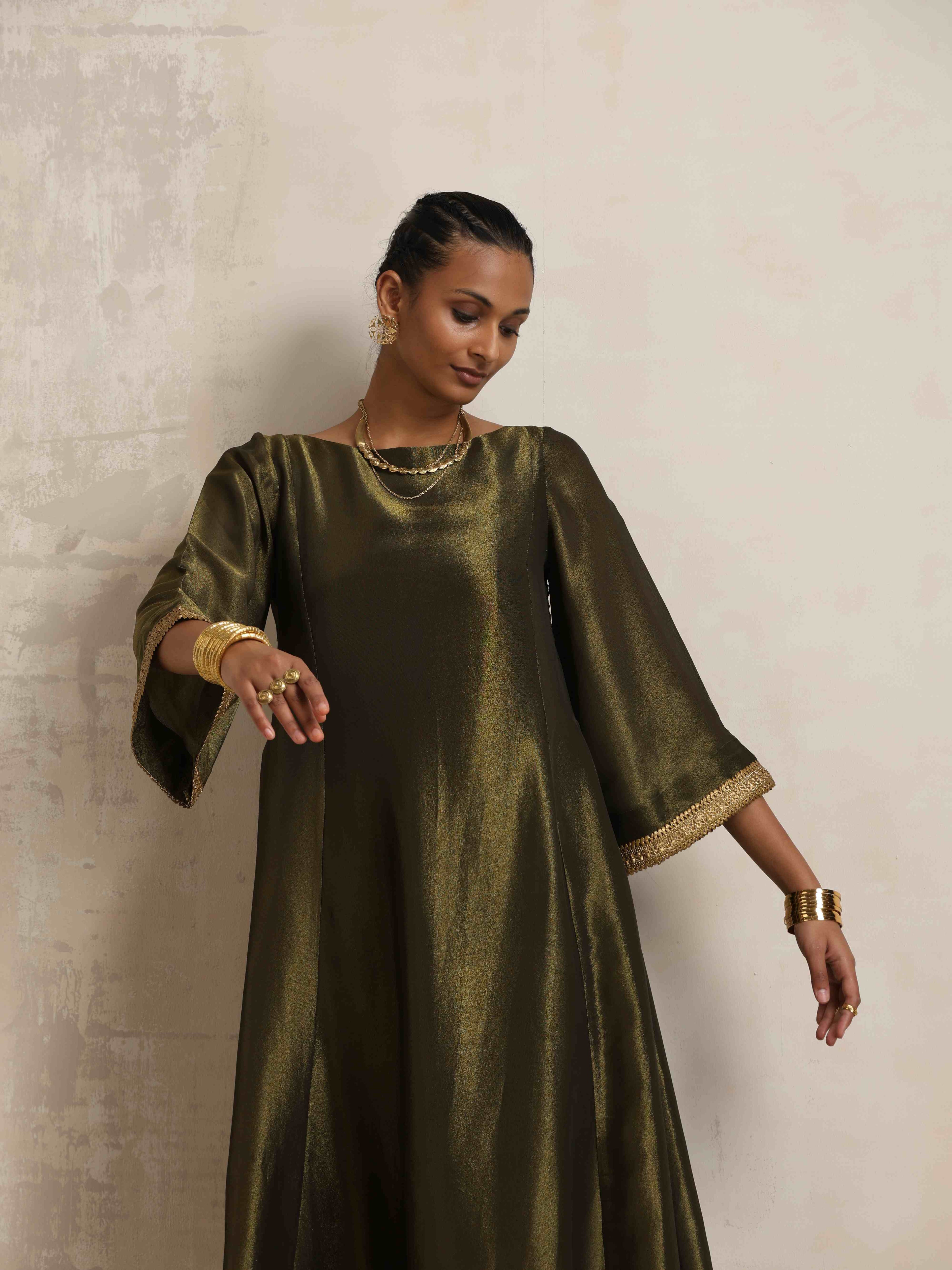 trueBrowns Olive Green Tissue Flared Anarkali Kurta Set - Distacart