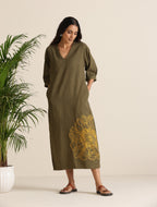 trueBrowns Olive Cotton Embroidered Dress - Distacart