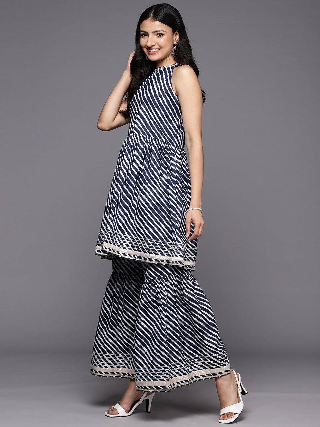 KSUT (House of Varanga) Blue And White Leheriya Halter Neckline Gota Work Kurta With Sharara - Distacart