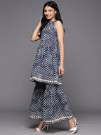 KSUT (House of Varanga) Blue And White Leheriya Halter Neckline Gota Work Kurta With Sharara - Distacart