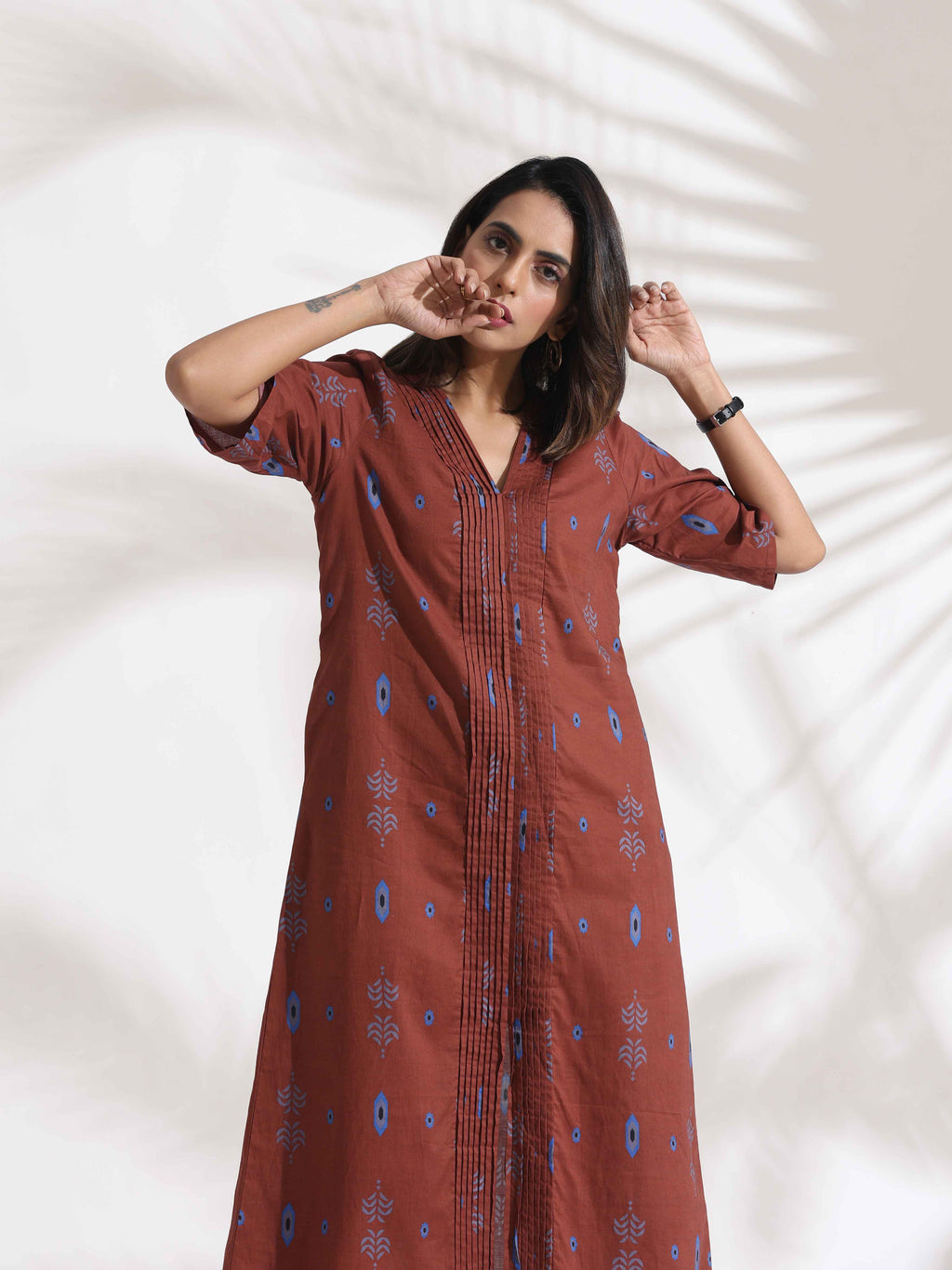 trueBrowns Brown Cotton Print pleated Dress - Distacart