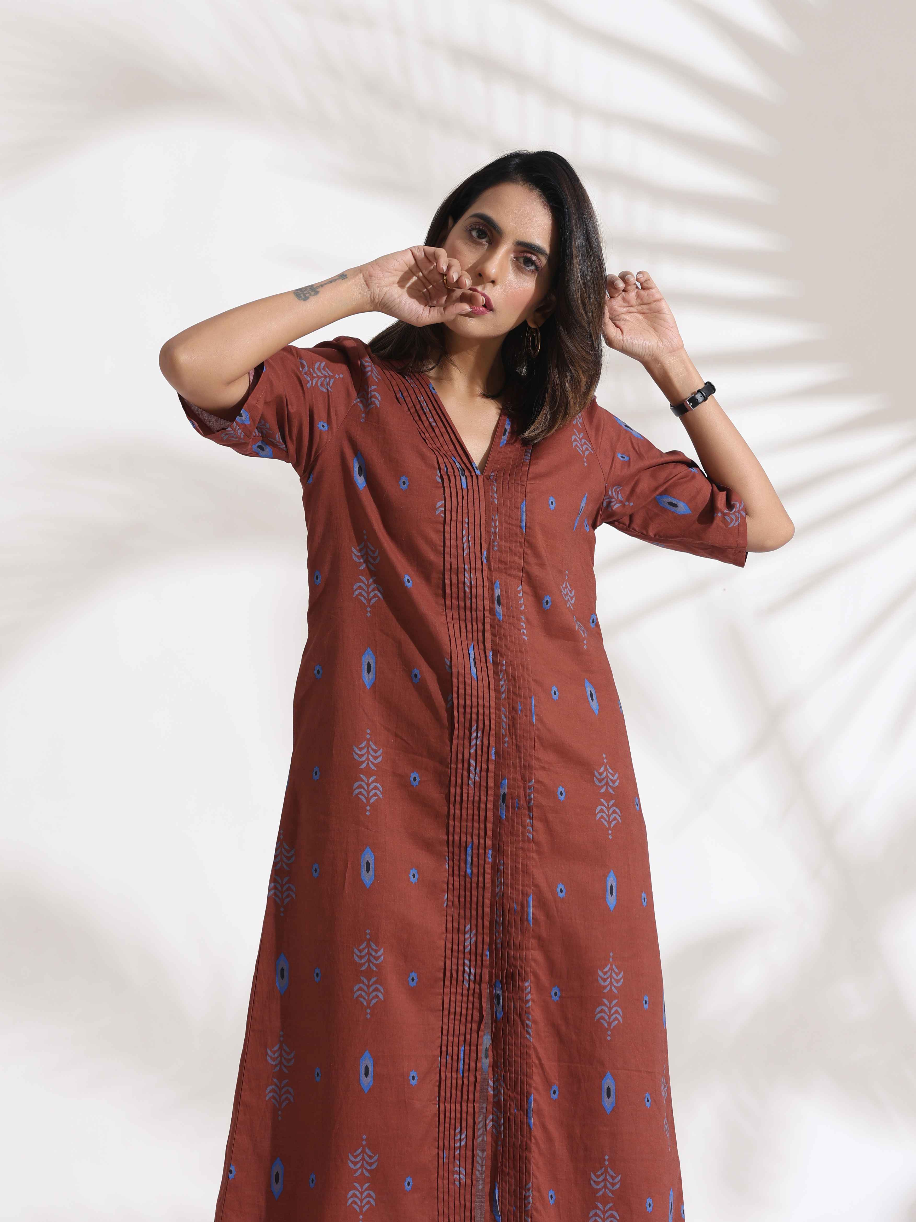 trueBrowns Brown Cotton Print pleated Dress - Distacart