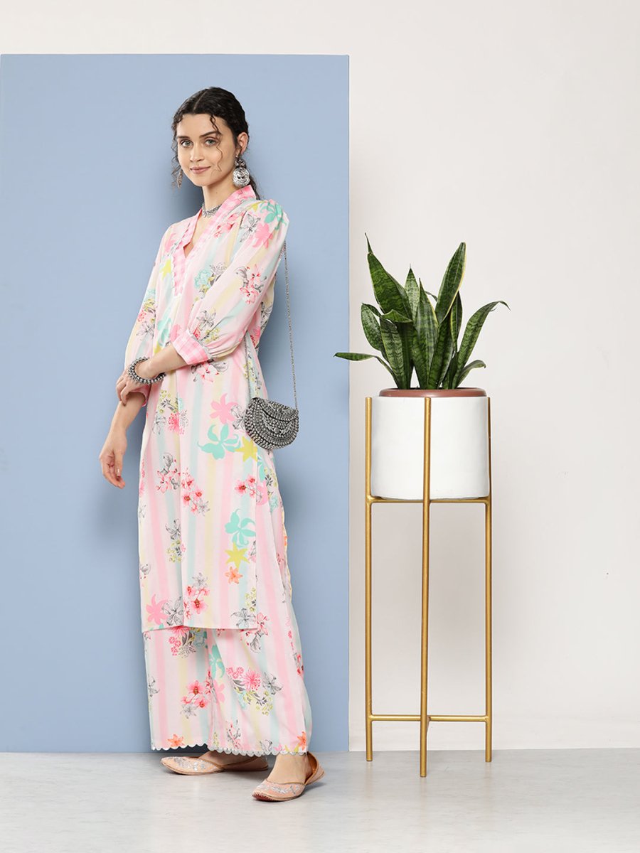 Ahalyaa Women Pink Floral Printed Gotta Patti Kurta with Palazzos