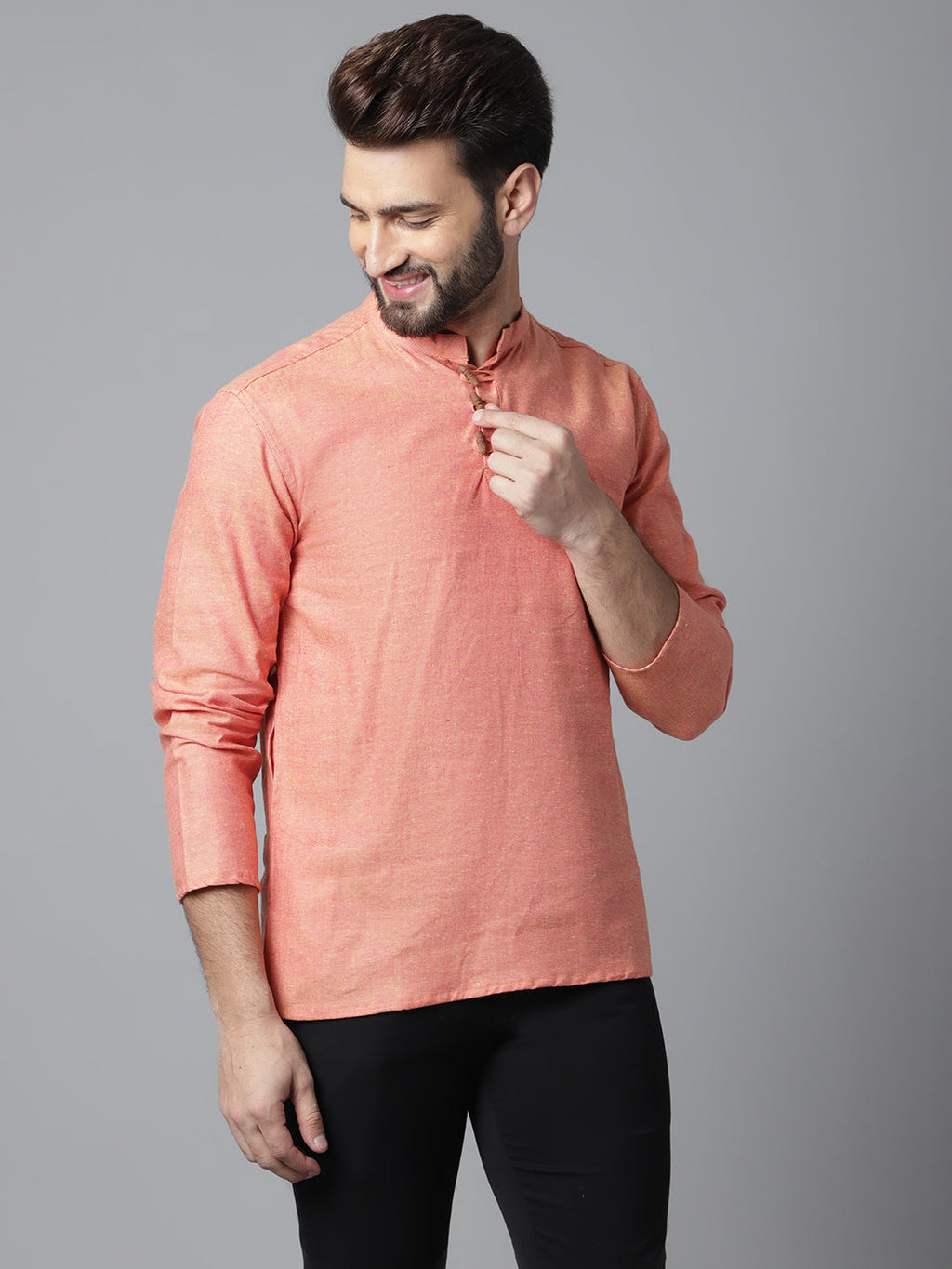 Even Apparels Orange Pure Cotton Kurta With Band Collar - Distacart