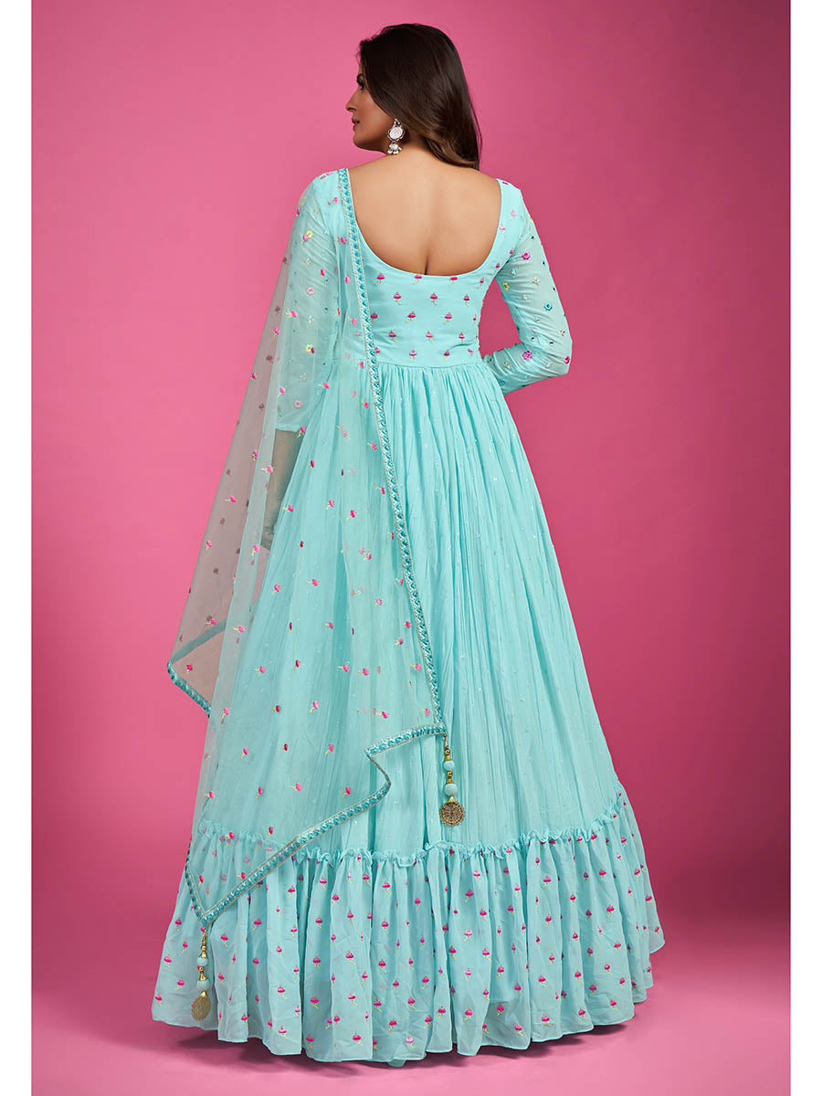 Myra Blue Chinon Silk Embroidered Gown - Distacart