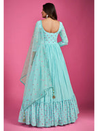 Myra Blue Chinon Silk Embroidered Gown - Distacart