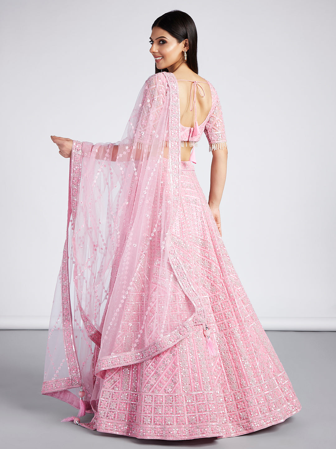 House of Panchhi Pink Net Sequins, Zarkan And Thread Embroidery Lehenga Choli & Dupatta