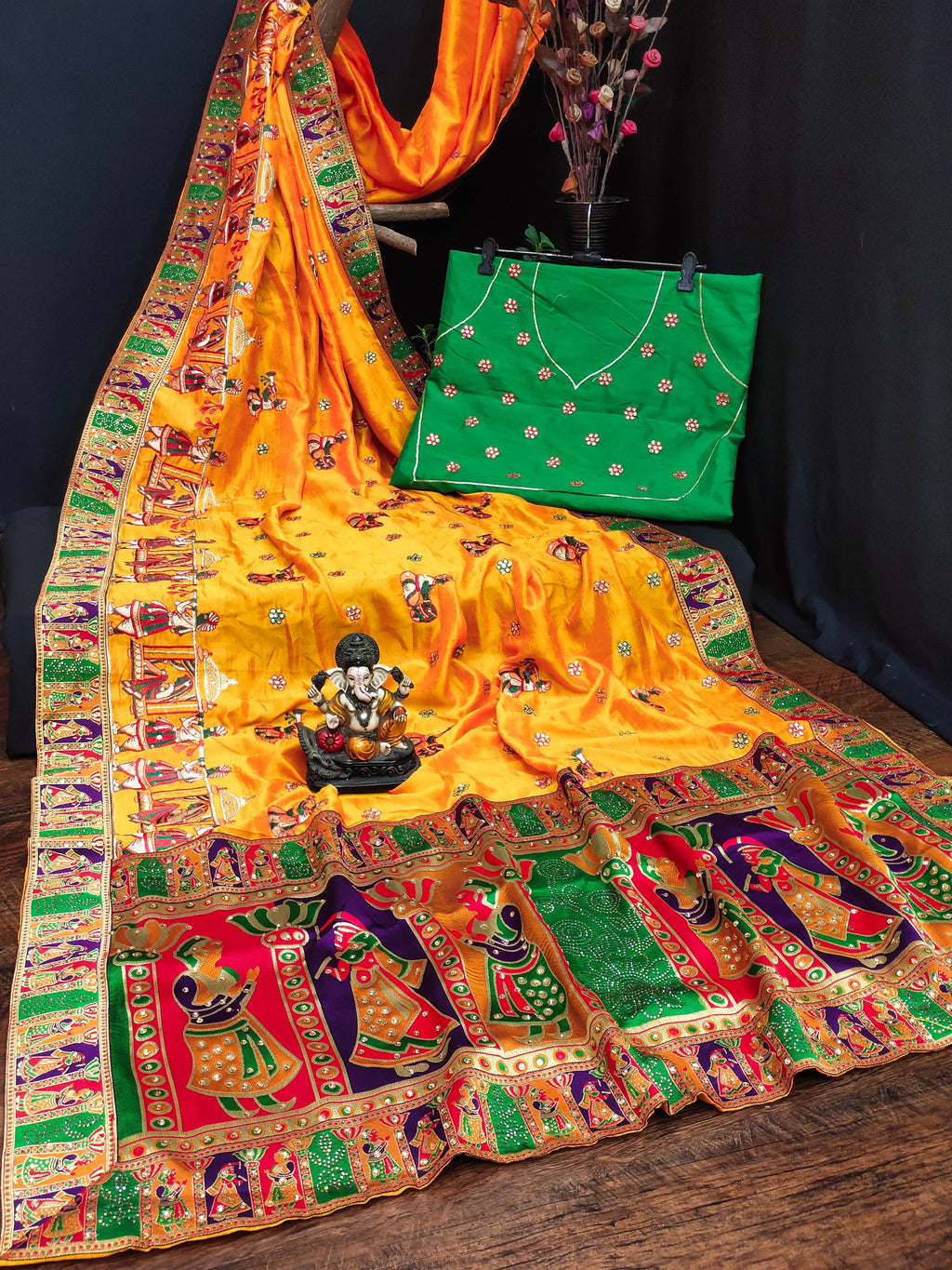 Lorenvalley Fashion Premium Yellow Vichitra Silk Embroidery and Diamond work Both Side Saree