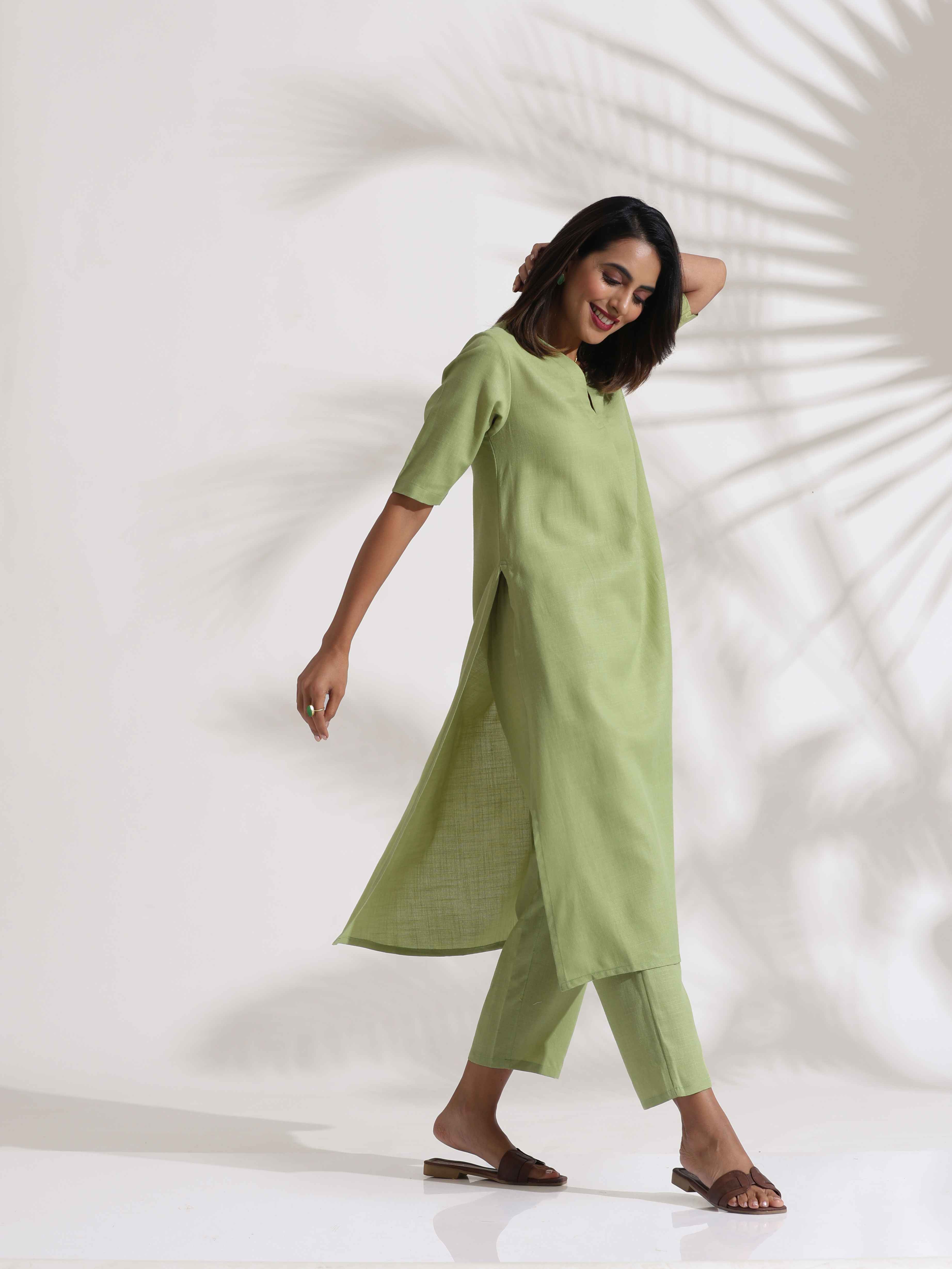 trueBrowns Green Slub Kurta Set - Distacart