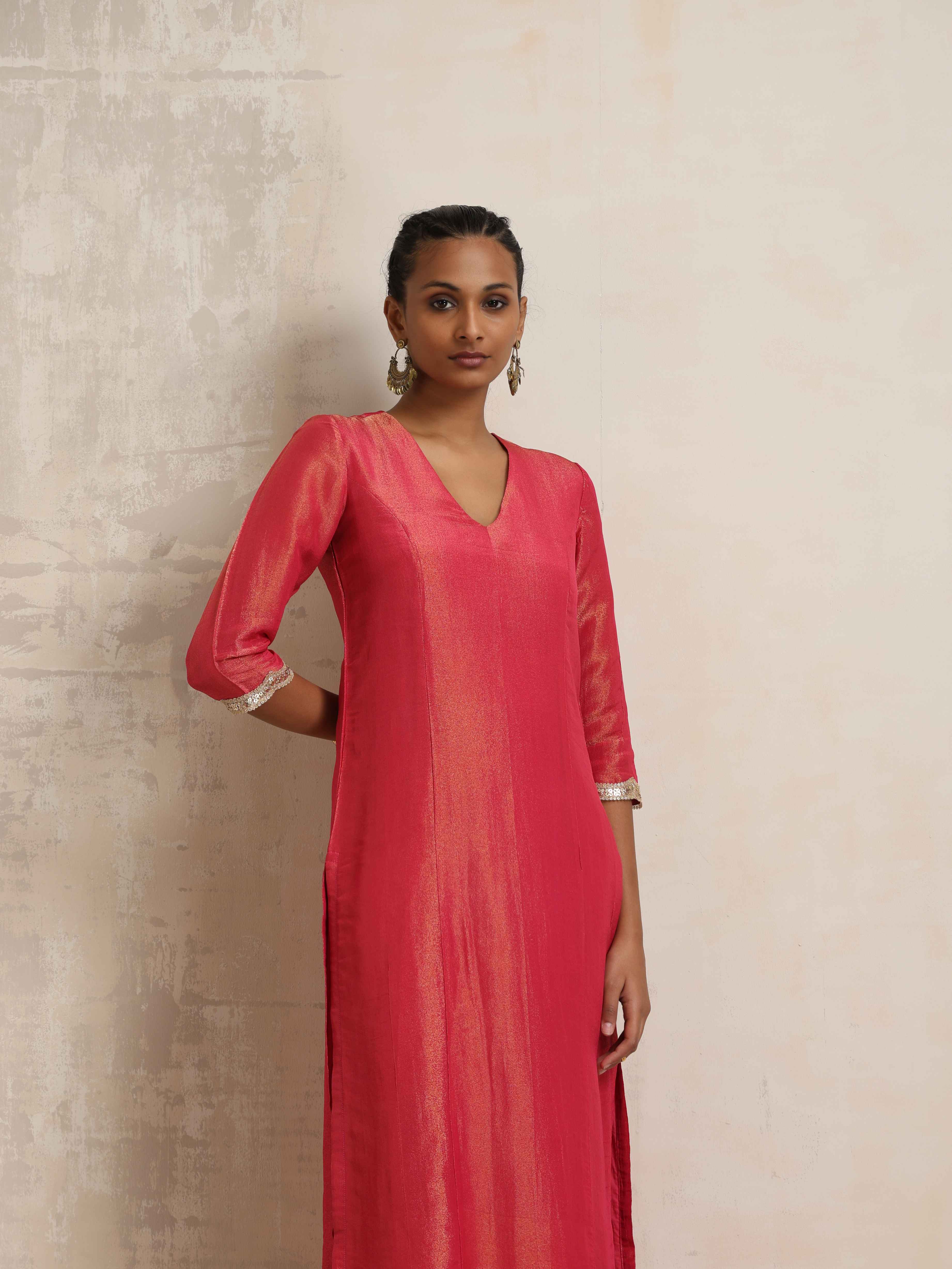 trueBrowns Hot Pink Tissue Straight Kurta Set - Distacart