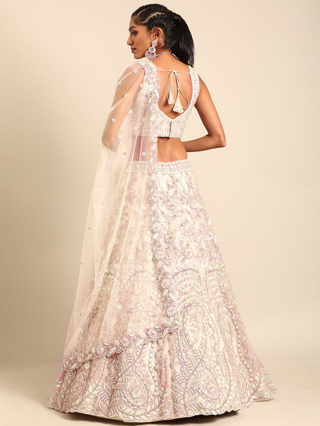 House of Panchhi Cream Net Multi Sequins with heavy Zarkan embroidery Lehenga choli & Dupatta
