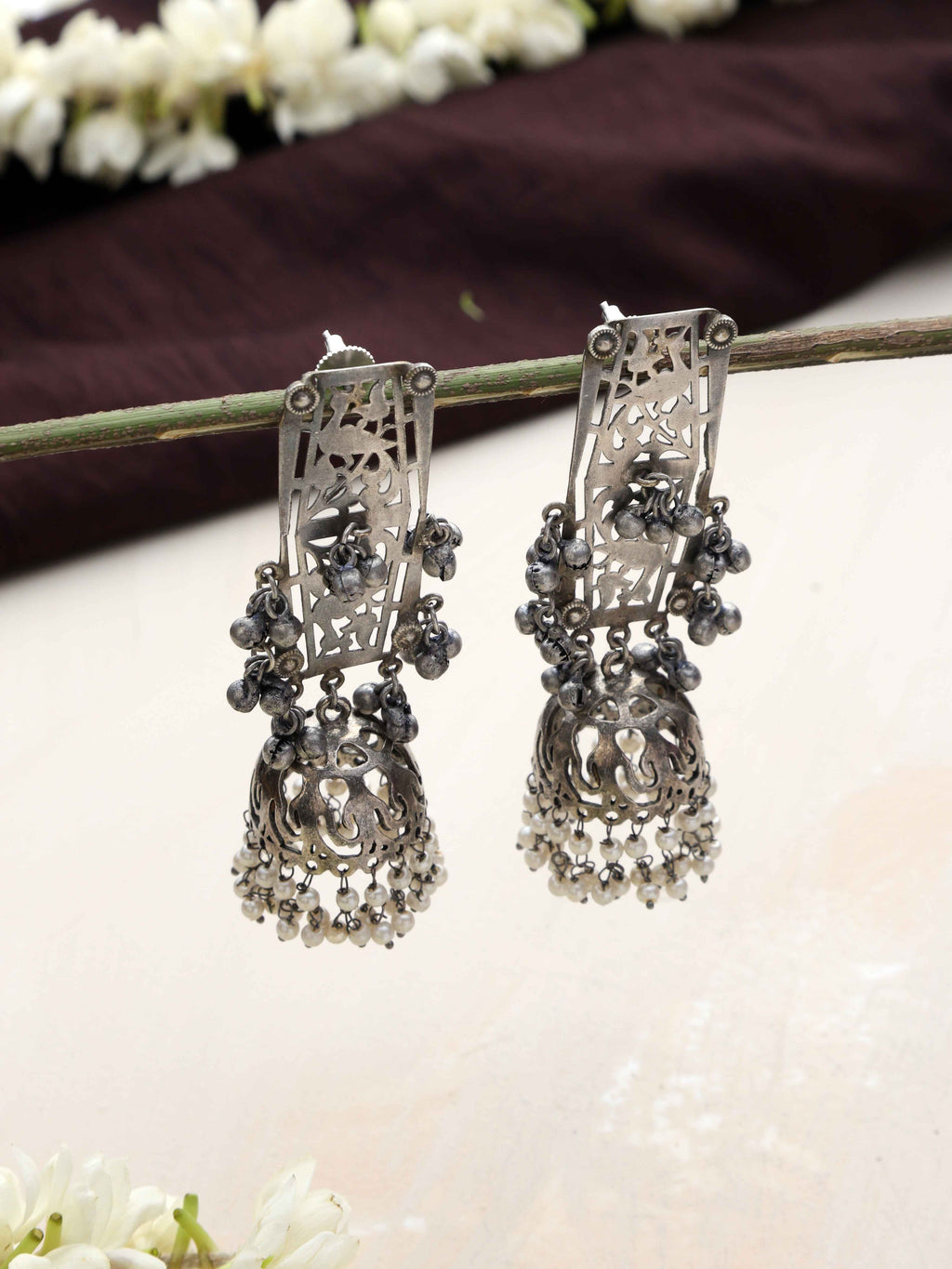 trueBrowns Silver Tone Floral Jhumka Earrings - Distacart