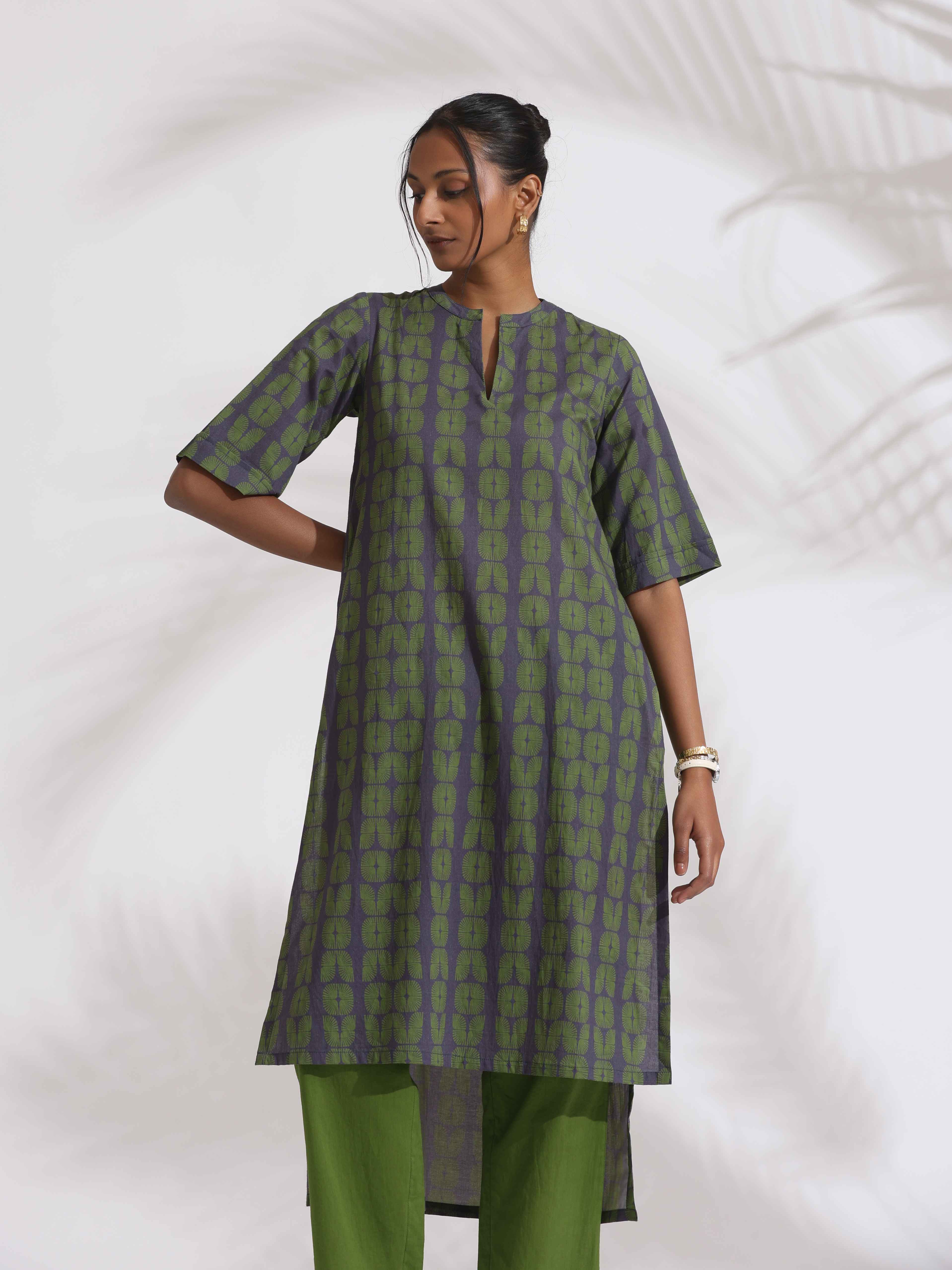 trueBrowns Grey Cotton Print Highlow Kurta Set - Distacart