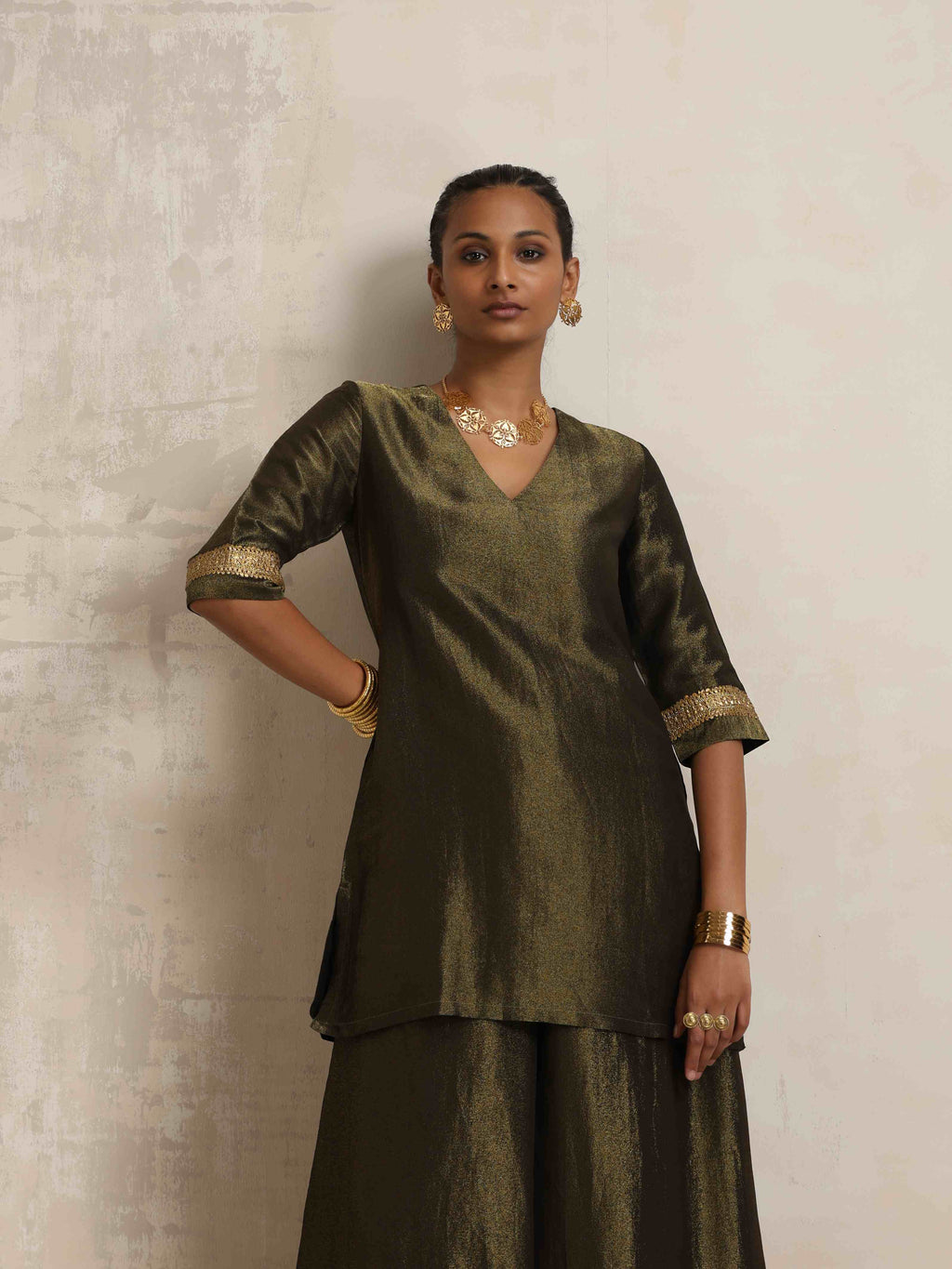 trueBrowns Olive Green Tissue Sharara Set - Distacart