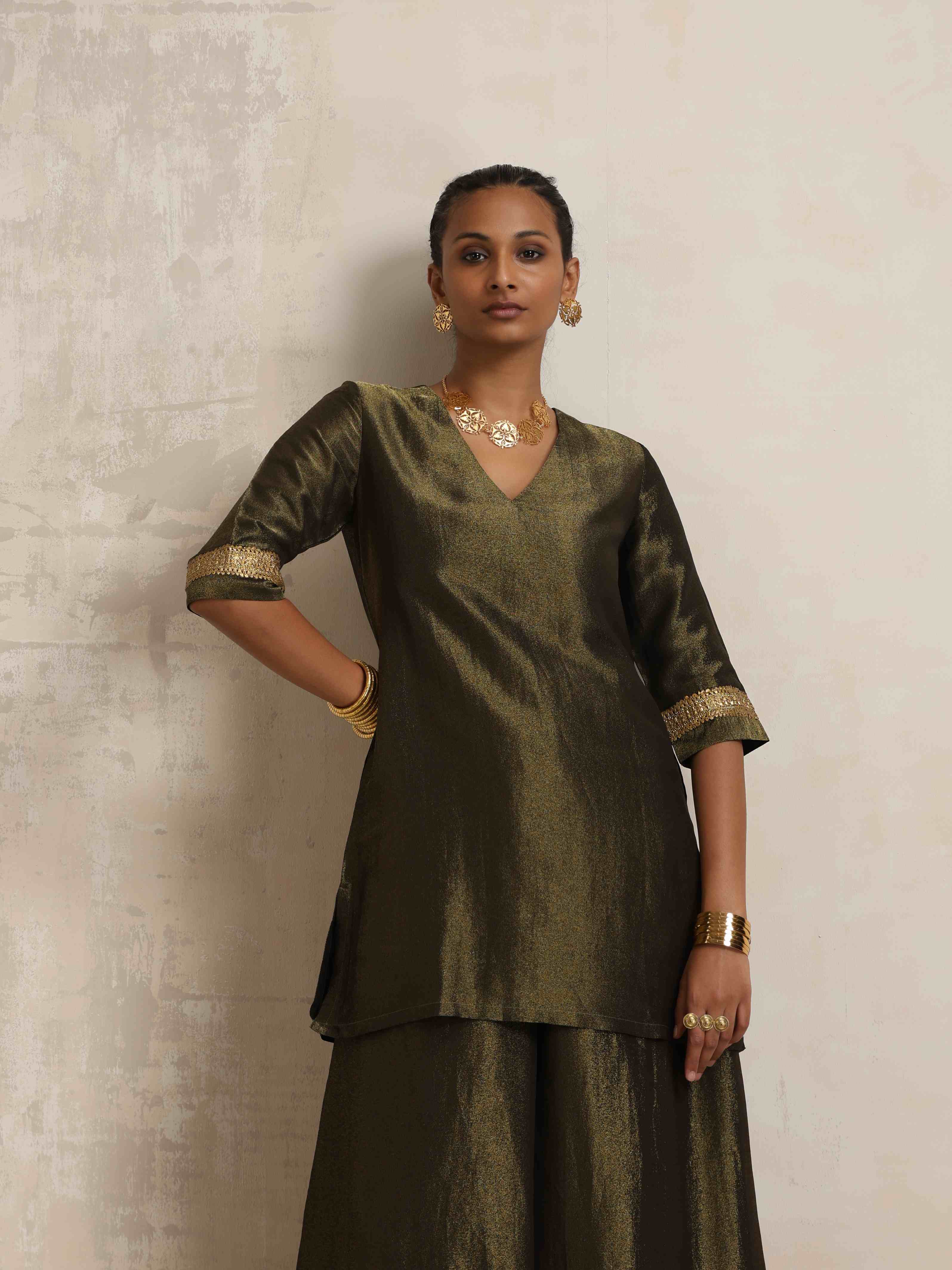 trueBrowns Olive Green Tissue Sharara Set - Distacart