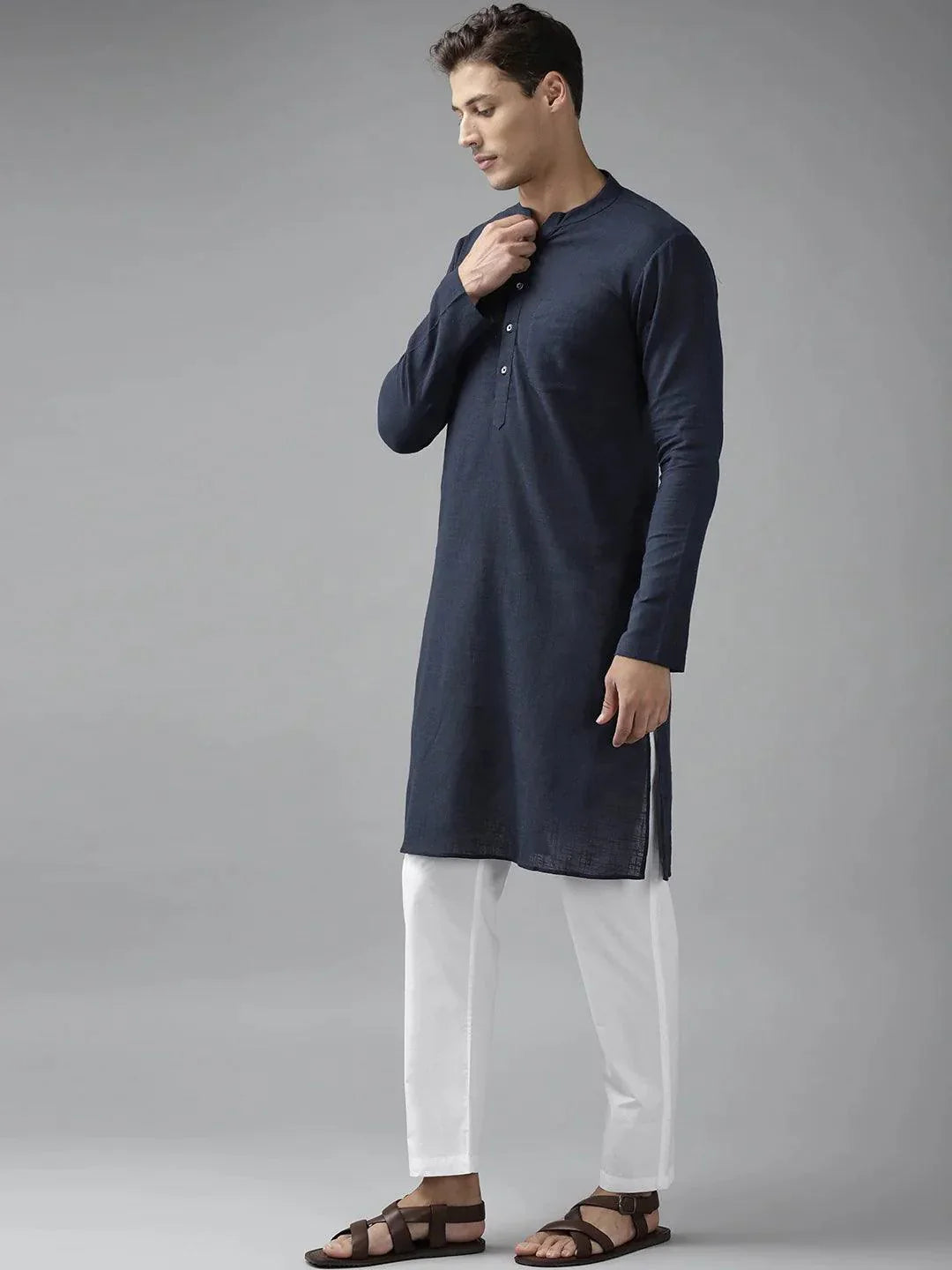Fabmade Men Navy Blue Cotton Linen Kurta