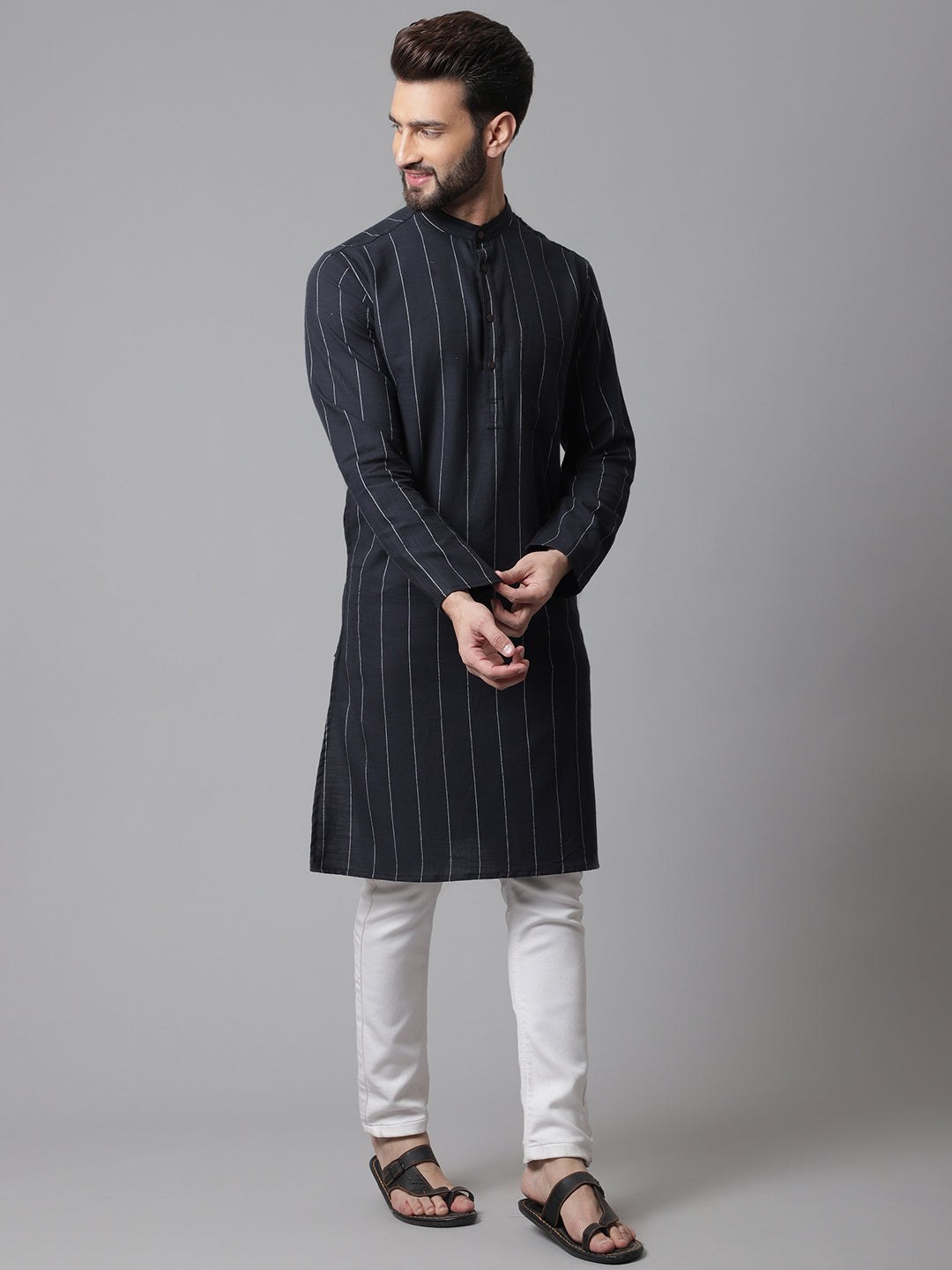 Even Apparels Black Pure Cotton Kurta With Band Collar - Distacart