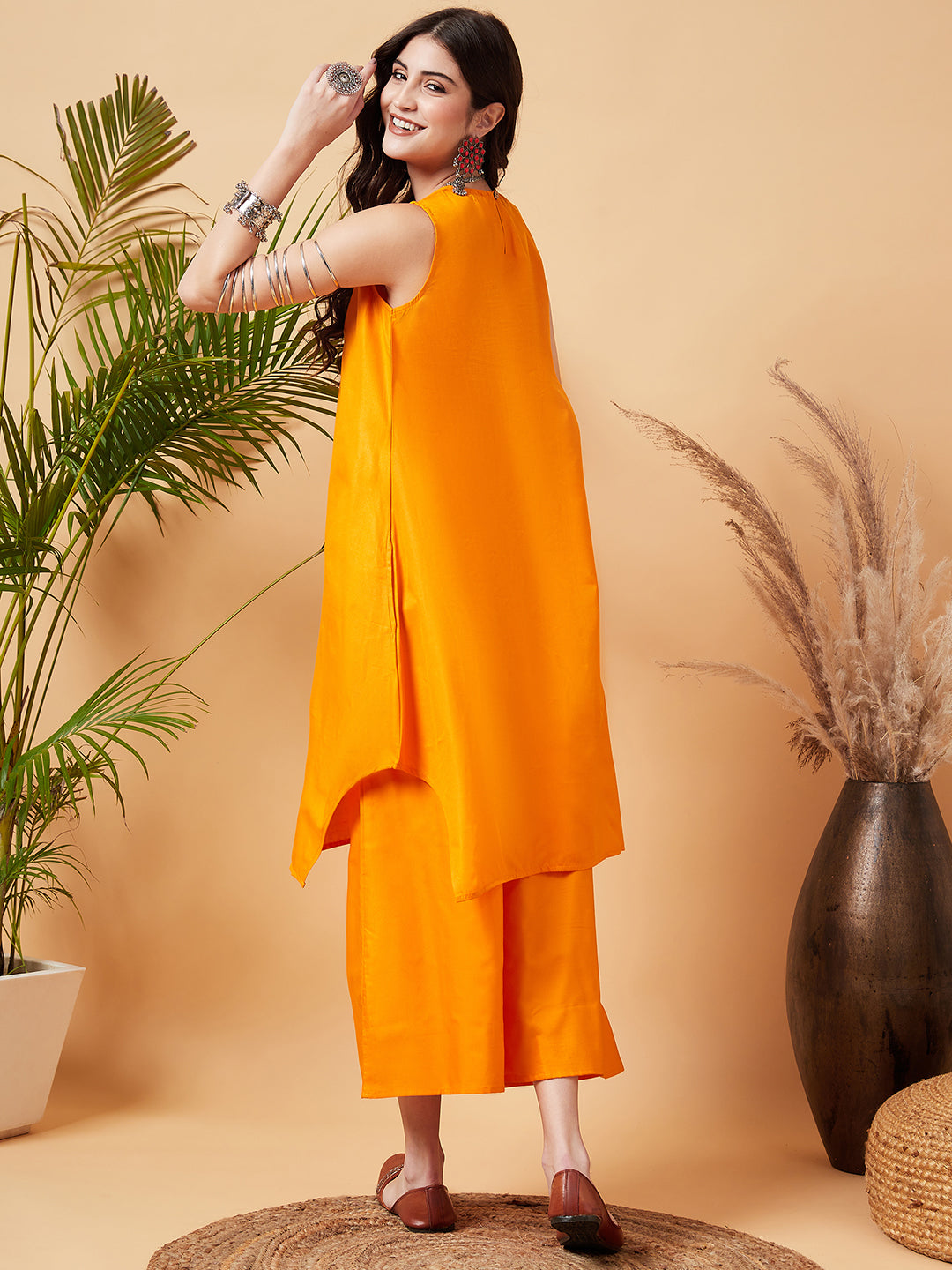 InWeave Women's Tangy Orange Short Kurta Palazzo Set