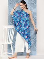 InWeave Women's Blue Pink Japanese Art Oneshoulder Top