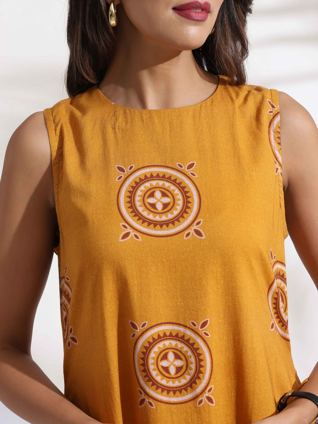 trueBrowns Mustard Cotton Print Tier Dress - Distacart